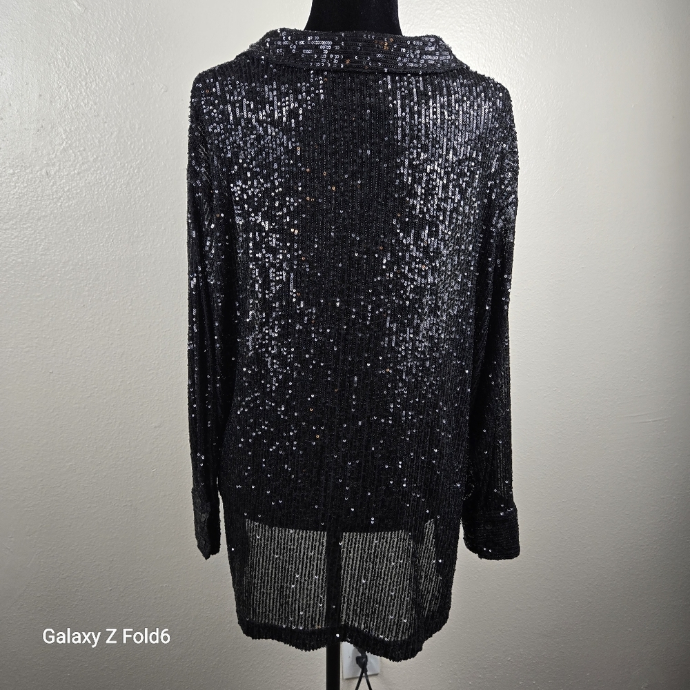 F&F Black Sequin Top Long Sleeve V-Neck Party Blouse Women’s Holiday Event Bday - Picture 2 of 8
